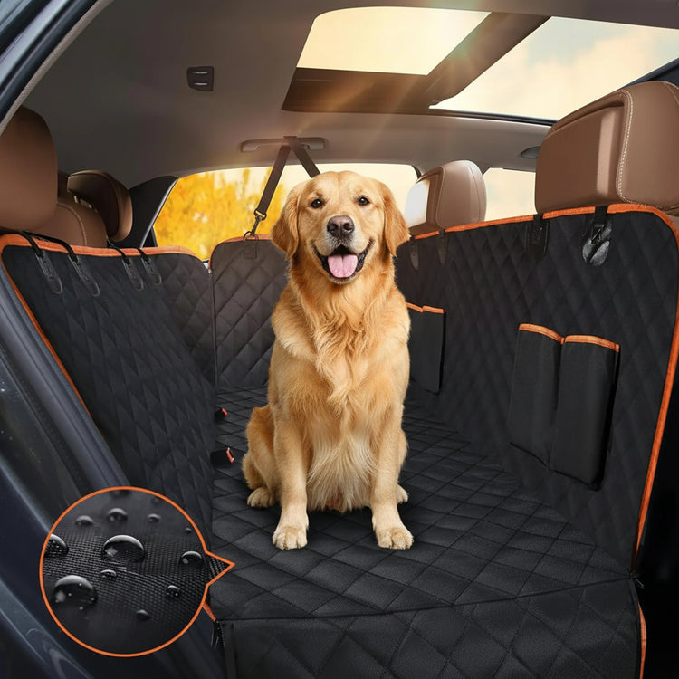 Waterproof dog car seat cover hammock in SUV with black fabric and orange accents, showing water-resistant material.