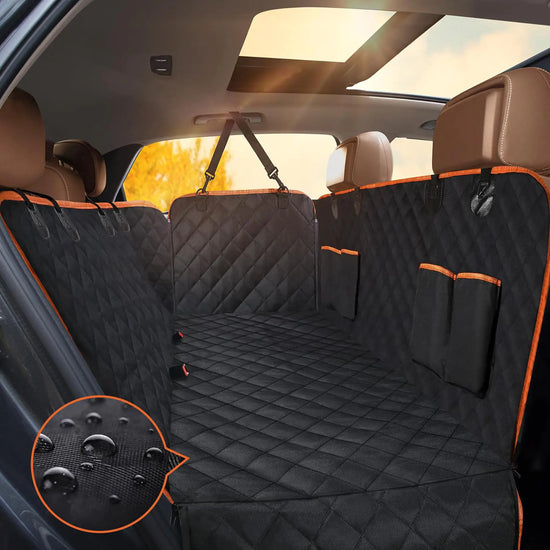Waterproof dog car seat cover for backseat, featuring durable Oxford cloth and comfortable quilted design.